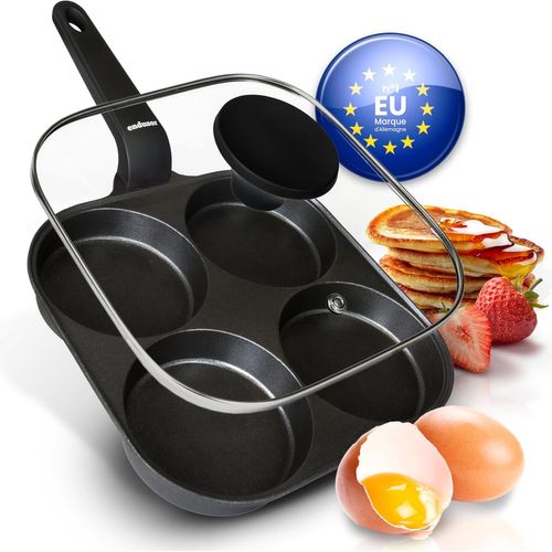 CHECARZHN--NO1-Poele Pancakes Et Oeuf Au Plat - Poele De 21 Cm Adaptée À Toute Cuisinière + Revêtement Anti-Adhésif & Couvercle | Induction Gaz Céramique Électrique Halogène | 4 Trous Pour Oeuf Crêpe