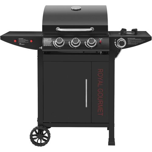 CHECARZHN--NO1-Barbecue Gaz À 3+1 Brûleurs En Acier Inoxydable, Gril À Gaz Sur Chariot De Puissance 11,5 Kw Avec Tablette Et Thermomètre, 2 Roues Et 1 Porte, Adapté Pour Jardin Et Extérieure, Noir
