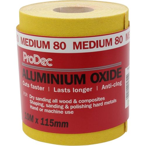 Rouleau de 10 m de papier abrasif jaune, oxyde d`aluminium, grain 80 moyen pour poncer bois, peinture, joints, métal et plus, papier abrasif compatible avec les ponceuses électriques