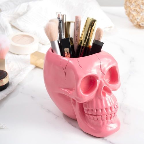 Porte-Stylo Et Crayon En Forme De Tête De Mort Rose - Pour Clés, Pinceaux De Maquillage - Pot De Fleurs - Accessoire De Bureau À Domicile