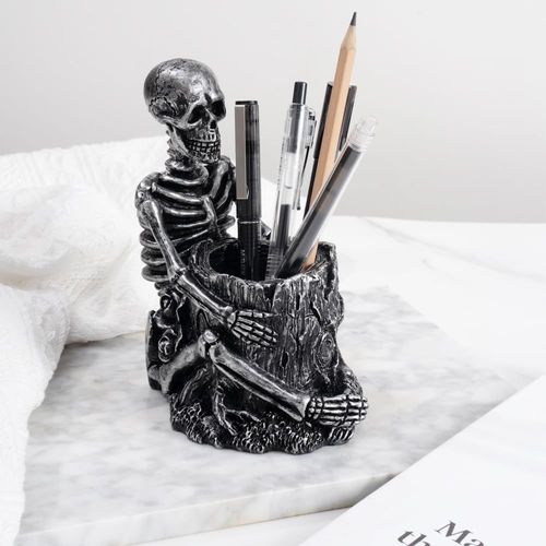 Porte-Crayons En Forme De Tête De Mort - Porte-Clés, Pinceaux De Maquillage - Accessoire De Bureau (Plaqué Argent)