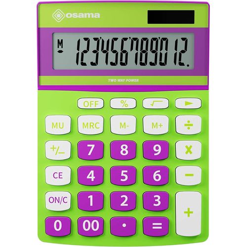 Osama, Metacolor - Calculatrice Bureau à 12 Chiffres + Écran Incliné en Métal,Calculatrice College et Lycee avec Recharge Solaire - Calculette Idéal comme Fourniture et Accessoire Bureau, Vert/Violet
