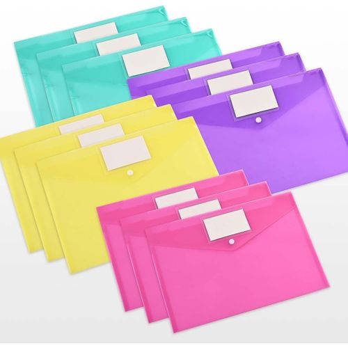 Uni-Fine Lot De 12 Porte-Documents A4, 4 Couleurs Avec Bouton Pression Pour Organiser Des Documents, Pochette Transparente En Plastique Transparent, Documents De Bureau, Cosmétiques, Papeterie Et