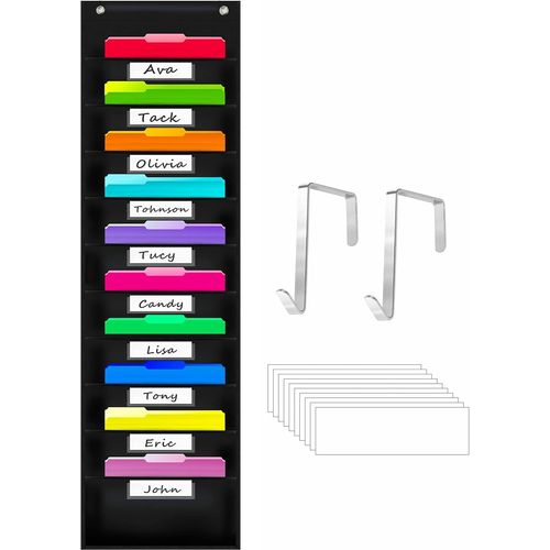 Tableau de Rangement Robuste avec 10 Poches, Classeur Mural Suspendu, 2 Crochets de Porte Inclus, 10 Etiquettes Blanches Effaçables à Sec, Classeurs (Noir, 36 x 119 cm)