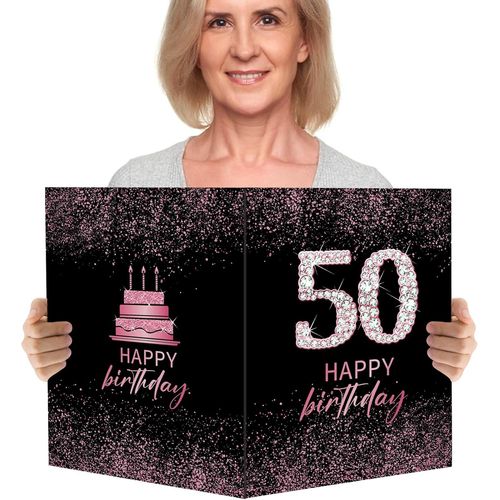 Grande Carte de Voeux Happy Birthday Géante Carte Noir Rose Anniversaire Joyeux Anniversaire Cadeau pour 50ans Anniversaire