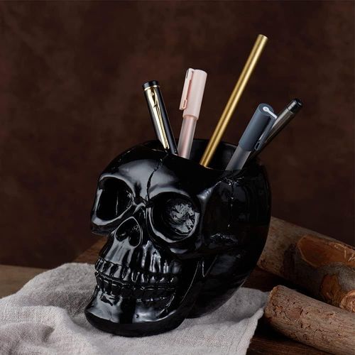Porte-Stylo Et Crayon En Forme De Tête De Mort Noir - Pour Clés, Pinceaux De Maquillage - Pot De Fleurs - Accessoire De Bureau À Domicile