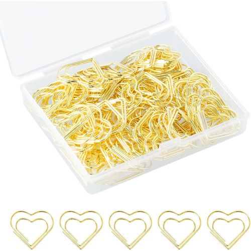 Lot De 100 Trombones Or En Metal, Trombones Avec Boîte En Plastique Paperclip Marque-Pages Dorés Pour Papeterie De Bureau, Trombones En Forme De C?ur Clips Papier Métal Pour Bureau (Or)