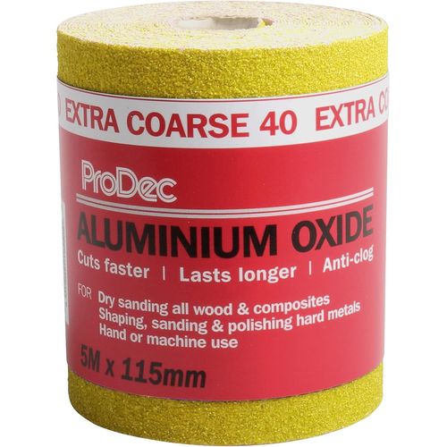 Rouleau de 5 m de papier abrasif jaune, oxyde d`aluminium, grain 40 extra grossier pour poncer bois, peinture, joints, métal et plus, papier abrasif compatible avec les ponceuses électriques