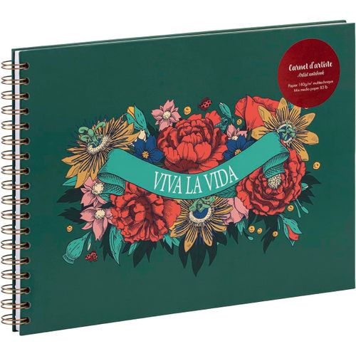 Un Carnet D'artiste A Spirale 32x24 Cm Paysage - Couverture Viva La Vida Frida Kahlo - 40 Feuilles De Papier Dessin Blanc Multitechniques 180g - Collection Frida Kahlo