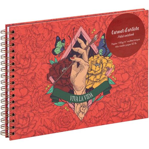 Un Carnet D'artiste A Spirale Décor Viva La Vida Frida Kahlo - A5 Paysage 21x14,8cm 30 Feuilles De Papier Dessin Blanches Multitechniques 180g - Collection Frida Kahlo