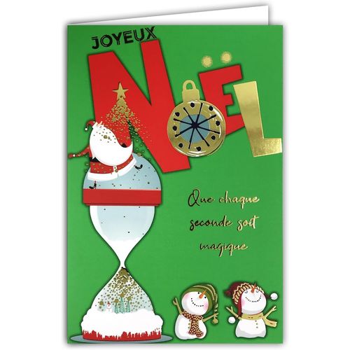 Carte Joyeux Noël Instant Magique Doré Brillant et enveloppe blanche format 12x17,5cm - Père-Noël Bonhomme de Neige Boule à Neige Sablier Pluie d'étoiles