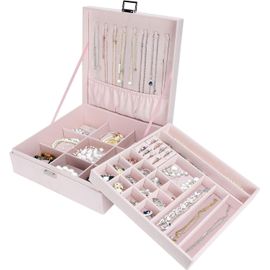 Boîte À Bijoux Organisateur, 2 Étages Grandes Boîtes À Bijoux Boîtes De Rangement Pour Boucles D'Oreilles, Bracelets, Bagues, Colliers - Rose