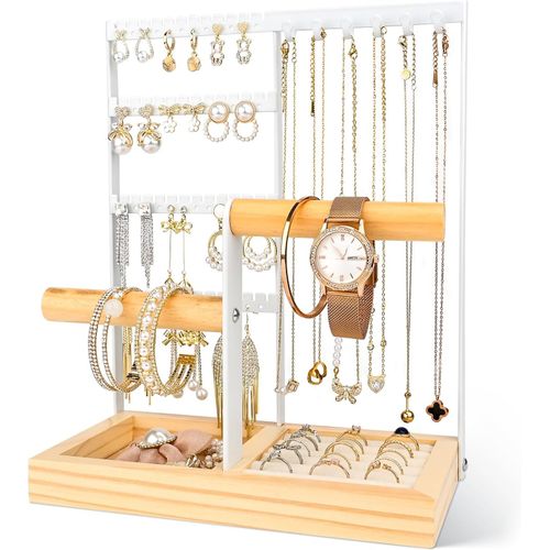 Porte Bijoux Présentoir À Bijoux Porte, 4 Étages Porte Bijoux Femme, Presentoir Collier Avec Plateau Pour Boucles D'oreilles Et Trous, Pour Colliers, Bagues, Bracelets, Montres (Blanc)