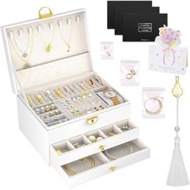 Boîte À Bijoux,Rangement Bijoux Avec 2 Tiroirs Et 3 Niveaux,En Cuir Imperméable,Pour Ranger Colliers,Boucles D'Oreilles,Bracelets.Inclus 3 Chiffons Argentés,1 Frange Et 15 Sacs À Bijoux
