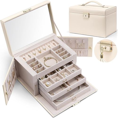 Baroches Boîte À Bijoux En Cuir Pour Femme,Grande Boîte À Bijoux À 4 Niveaux,Boîte À Bijoux Verrouillable Pour Femme,Rangement De Bijoux Avec Tiroirs Pour Bracelets, Bagues, Chaînes