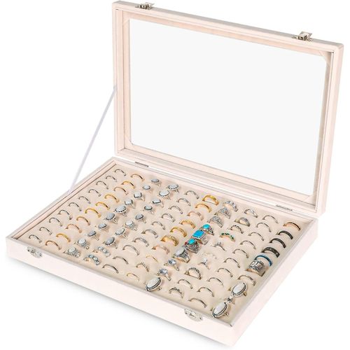 Plateau De Rangement Pour Bagues À 100 Emplacements Avec Couvercle Transparent En Velours Pour Bijouterie, Présentoir À Bagues Pour Femme (Beige)
