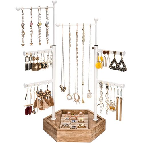 Porte Bijoux Femme, Rangement Bijoux Hauteur Réglable, Presentoir Bijoux Boucles D'oreilles Et Colliers, Arbre A Bijoux, Présentoir Bijoux Avec Boîte De Rangement En Bois De Capacité