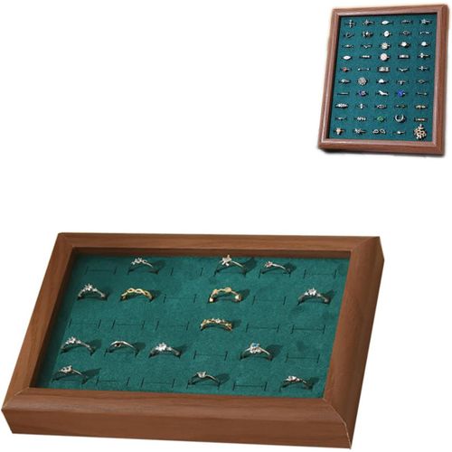 Présentoir Bague Bois, Plateau Bijoux Velours, Boîte Rangement Bague, Pour Le Rangement Des Bijoux, Beaucoup D'espace De Rangement (Vert Noyer)