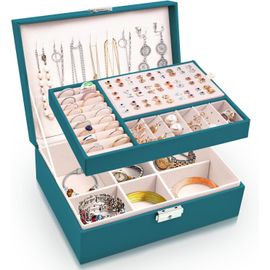 Boite A Bijoux Femme Fille, Boîte À Bijoux Vuir Pu 2 Couches Verrouillable Pour Colliers, Boucles D'Oreilles, Bracelets (Vert)