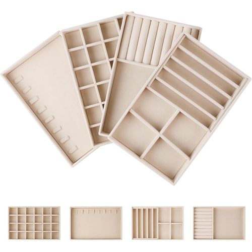 4 X Plateau Bijoux En Velours 24*15cm Organisateur De Bijoux Tiroir Femme Rangement Bijoux Tiroir Organ Ur, Rangement Collier Boîtes À Bijoux Présentoirs Pour Boucles D'oreilles Chaîne Beige