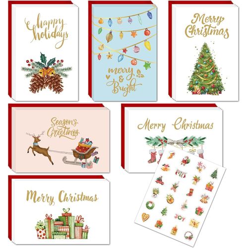 24 Carte Noël Carte De Voeux Avec 24 Enveloppe +1 Feuilles Stickers De Noël Pour Cadeaux Noël
