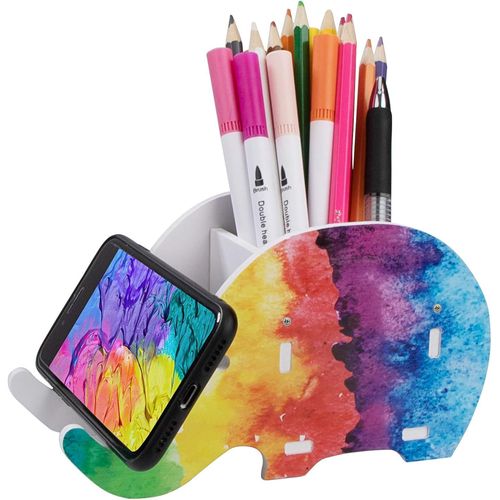 Pot A Crayon Bureau Éléphant Mignon Boite Rangement Stylo Bois Multifonctionnel Porte-Crayons Avec Support De Téléphone Portable Organisateur De Décoration De Bureau