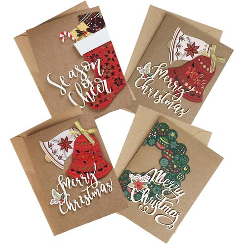 Carte Noël,4 Pièces Noël Cartes de V?ux avec Enveloppes,4 Motifs Papier Kraft Carte de Noël,Joyeux Noël Cartes,Noël Cadeau Carte Bonne Année pour Famille Amis Collègues(F)