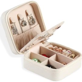 Boîte À Bijoux De Voyage Avec Miroir, Boite A Bijoux, Rangement À Bijoux Transportable, Organisateur Pour Colliers, Bagues, Boucles Doreilles, Avec Crochets, Blanc