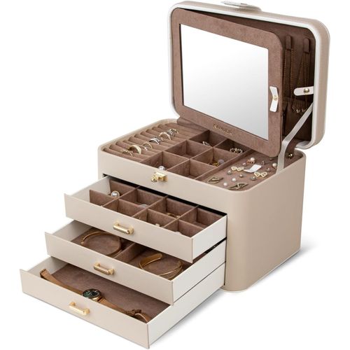 Grande Boîte À Bijoux Pour Femme ¿ Organ Ur De Bijoux En Cuir À 4 Niveaux Avec Serrure Et Miroir ¿ Étui De Rangement Pour Bagues, Colliers, Boucles D'oreilles, Bracelets, Beige
