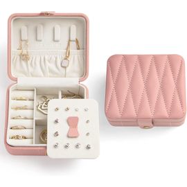 Boîte À Bijoux De Voyage, Boîte À Bijoux Portable En Cuir Matelassé Pour Femmes Et Filles, Petite Boîte À Bijoux Pour Colliers, Bracelets, Boucles D'Oreilles Et Bagues.Rose