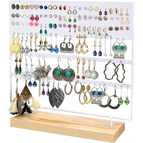 Présentoir Boucles Doreilles En Métal Blanc Avec Base En Bois - 144 Trous, 3 Niveaux - Porte Boucles Doreilles Pendantes, À Clous & Colliers Pour Femmes & Filles