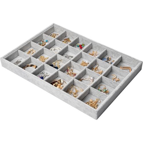 24 Grilles Plateau Bijoux Velours Pour Tiroirs, Empilable Rangement Organ Ur Bijoux, Amovibles Vitrine Bijoux Présentoir Bijoux Plateau Pour Bague Bracelet Boucle D'oreille Collier, 35x24x3cm (Gris)