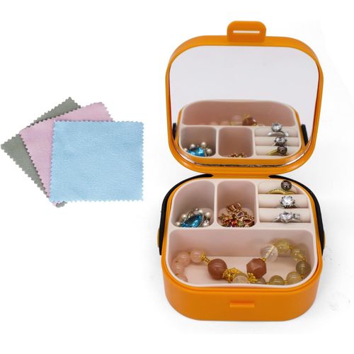 Petite Armoire À Bijoux Avec Miroir Et 3 Chiffons De Nettoyage Pour Bijoux, Boîte À Bijoux De Voyage, Boîte À Bijoux Portable Pour Bagues, Boucles D'oreilles, Bracelets (Orange)