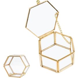 Boîte À Bijoux Hexagone En Verre, Boîte À Bijoux En Verre, Boîte Bijoux Verre Doré Transparent, Boîte À Bijoux Géométrique Doré, Boîte À Bijoux En Verre Transparent, Pour Le Stockage Bijoux Et Fleurs