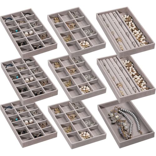 Plateau De Réception De Bijoux Plateau De Bijoux En Velours Empilable, Tiroir Insert Boucles D'oreilles Récepteur Dame Bague Clous Collier Boîte De Réception De Bijoux, Lot De 9 (Gris)