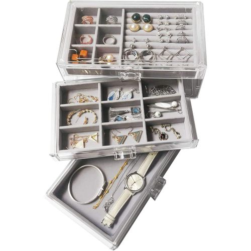 Boîte De Rangement À 3 Étages Pour Bijoux, Coffret À Bijoux Femmes Pour Bagues Et Boucles D'oreilles, Transparent Gris