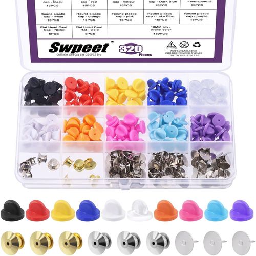 320Pcs Caoutchouc Pin Back Lock Avec Kit De Pin Vierge De 10Mm, Verrouillage Pin Back Lock Avec Boîte De Rangement, Remplacement De Fixation De Sangle Convient À La Fabrication Artisanale