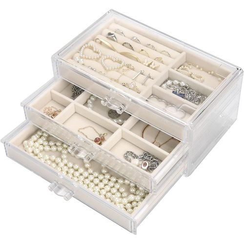 Coffret Bijoux Avec 3 Tiroirs En Velours Acrylique Pour Boucles D'oreilles, Bagues, Colliers, Bracelets - Organisateur, Cadeau Pour Femme (Beige)