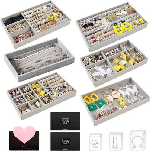 Organisateur Bijoux Tiroir,Plateau À Bijoux Empilable,Plateau Bijoux Velours A 6 Styles Différentes,Pour Ranger Et Présenter Des Boucles D'oreilles,Des Colliers,Des Bagues