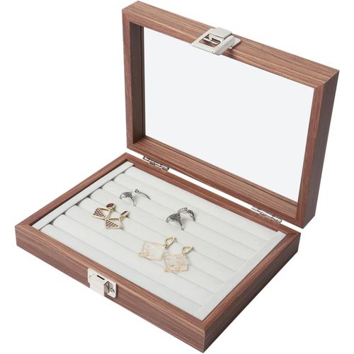 Plateau De Rangement En Velours Avec Couvercle En Verre 7 Emplacements Pour Bagues Et Boucles D'oreilles Gris
