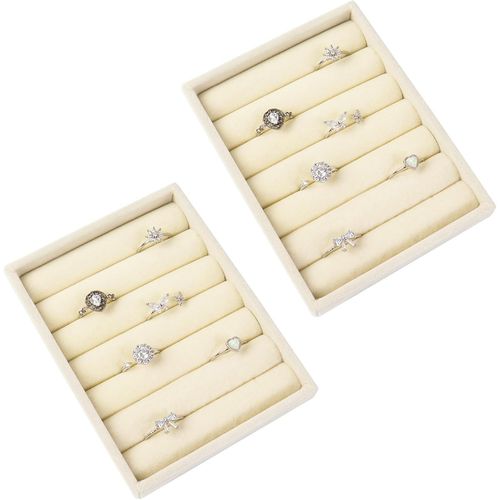 Lot De 2 Plateaux De Rangement Pour Bagues, 7 Emplacements Empilables Pour Tiroir, Présentoir À Bijoux, Bagues 12 X 9 X 2,5 Cm (Beige)
