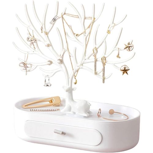 Porte Bijoux Femme Support Arbre Bijoux En Plastique Avec Tiroirs Porte Bijoux En Bois De Cerf Arbre A Bijoux Support Pour Boucles D'oreilles, Colliers, Bracelets, Montres Et Bagues (Blanc)