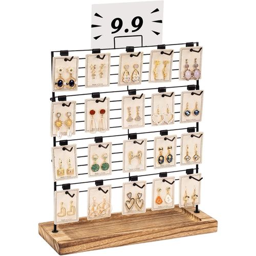 Organisateur De Boucles D'oreilles, Présentoir À 4 Niveaux Avec Base En Bois, 20 Crochets Pour Bijoux, Boucles D'oreilles, Colliers, Bouchons, Bracelet (Métal Et Bois)