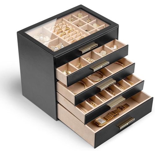 Grande Boîte À Bijoux À 5 Niveaux Avec Couvercle En Verre, 5 Tiroirs, Pour Colliers, Boucles D'oreilles, Montres, Bracelets, Rangement De Bijoux, Moderne, Noire