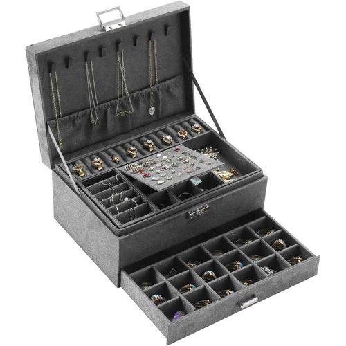 Boîte De Rangement De Bijoux En Flanelle À 3 Couches, Colliers, Boucles D'oreilles, Bagues, Présentoir Pour Femmes, Grande Capacité Avec Serrure, Organisateur De Boîte À Bijoux
