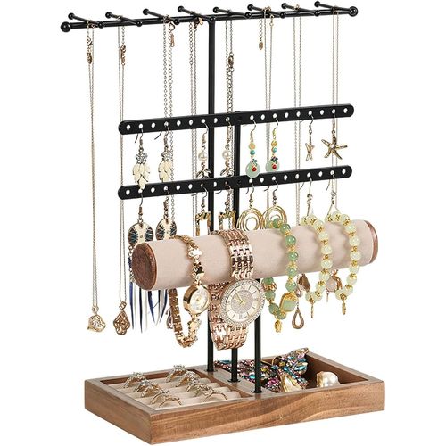 Présentoir À Bijoux, Presentoir Boucle D'oreille Avec Base En Bois, Avec 38 Trous, Porte Bijoux Femme Pour Colliers, Bracelets, Boucles Doreilles, Pinces, Bagues (Noir)