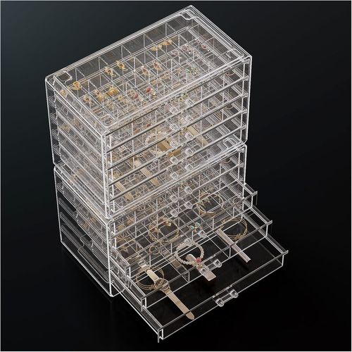Boîte Bijoux Tout Transparente, Plateaux Bijoux Tiroir Acrylique, Range Boucles Doreille Bagues Colliers Bracelets - 10 Couches