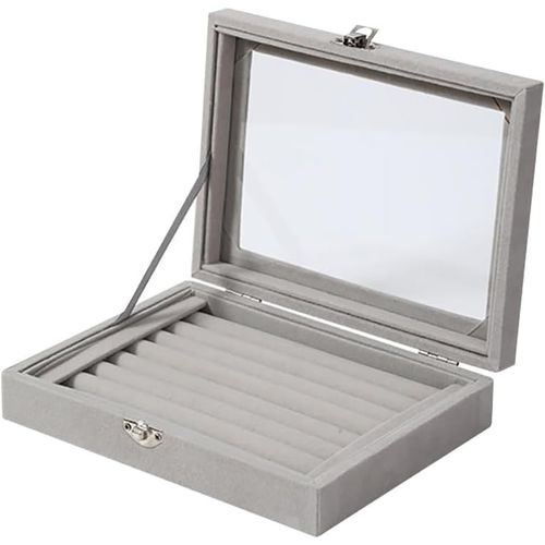 Plateau De Rangement À 7 Emplacements Pour Bagues En Velours - Organisateur De Bijoux Et De Boucles D'oreilles Avec Couvercle Transparent Pour Vitrine De Bijoux - Gris