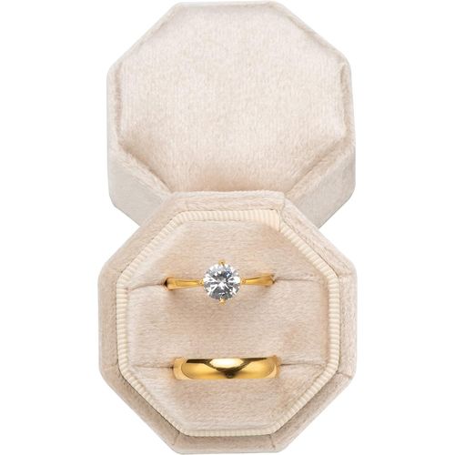 Boîte À Bagues En Velours De Qualité Supérieure Pour Demande En Mariage, Fiançailles, Cérémonie De Mariage ¿ Présentoir Octogonal Équilatéral Vintage Avec Couvercle Amovible (Beige)
