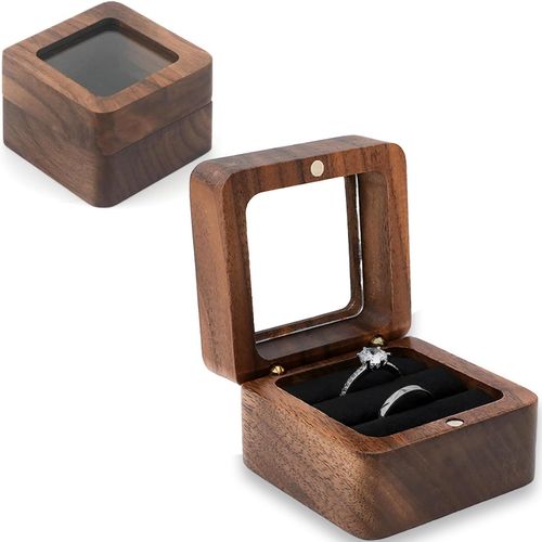 Boîte À Bagues Double En Bois De Noyer, Avec Doublure En Velours, Design Carré Avec Fenêtre Transparente